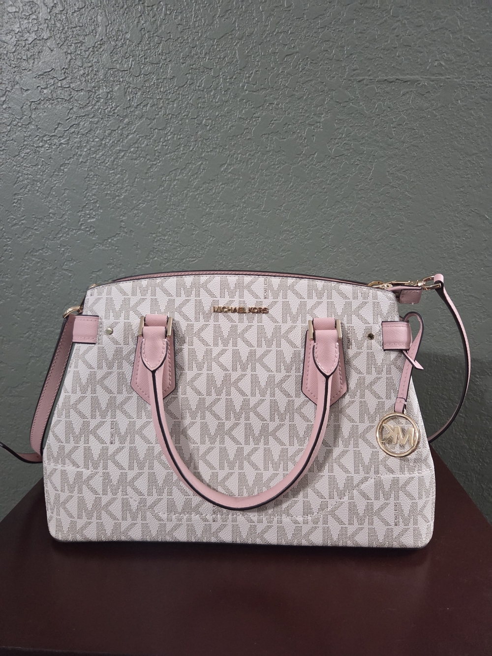 Michael Kors Beige Signature Satchel with Pink Trim